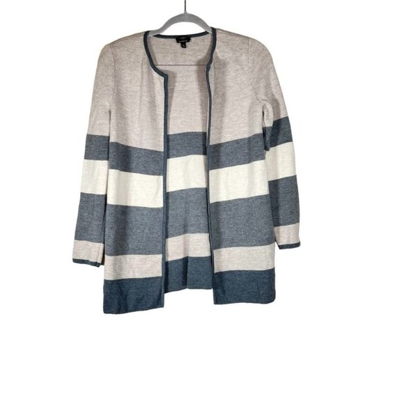 Talbots Cardigan Sweater Small Petite Gray Stripe Open Flawed - Picture 1 of 7